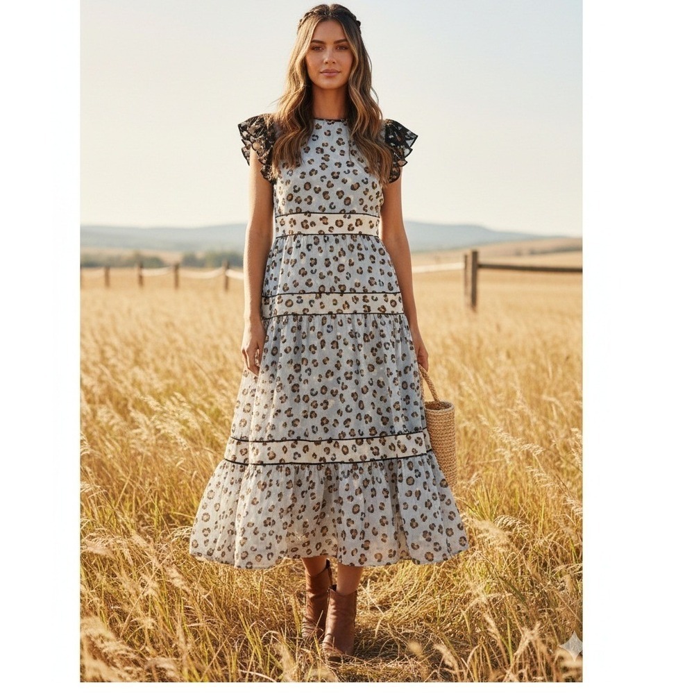 Ann Taylor 6P Blue Leopard Print Tiered Prairie Midi Dress Flutter Sleeve Lined